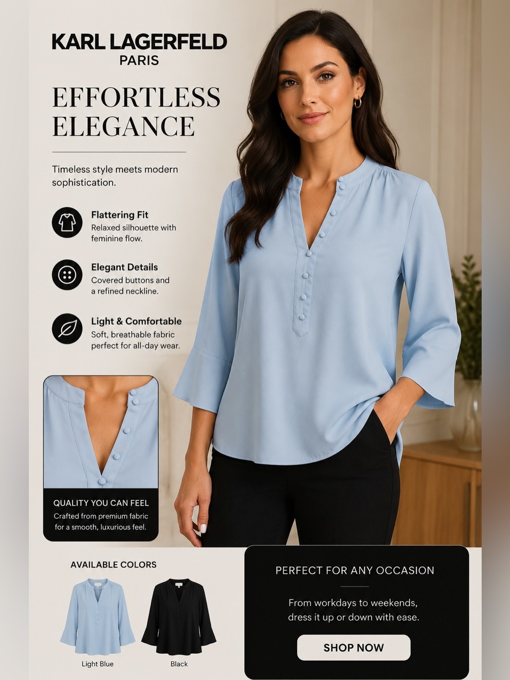 Karl Lagerfeld Light Blue Relaxed V-Neck Blouse